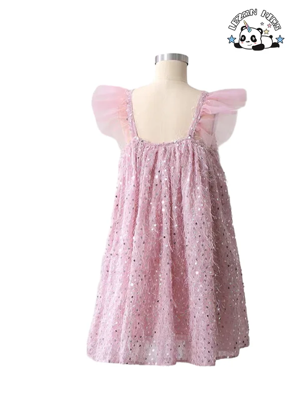 LEZONKIDS - Produto Novo da OEM Explosão Personalizado Sem Manga Rosa Brilho Lantejoulas Princesa Vestido para Menina